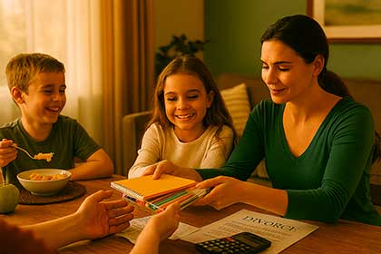 Madre con sus hijos recibiendo apoyo legal